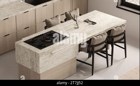 Minimalist kitchen with stone island and bar seating Stock Photo