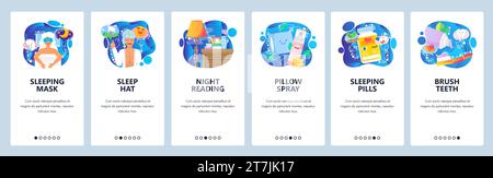 Mobile app onboarding screens. Sleeping mask, night table with a book, pillow, sleeping pills. Menu vector banner template for website and mobile deve Stock Vector