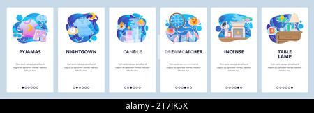 Mobile app onboarding screens. Night sleeping icons, dreamcatcher, candle, pyjamas. Menu vector banner template for website and mobile development. We Stock Vector