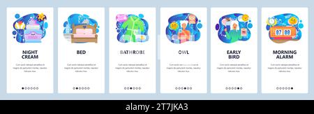 Mobile app onboarding screens. Morning alarm clock, early bird and owl person, cream, bed. Menu vector banner template for website and mobile developm Stock Vector