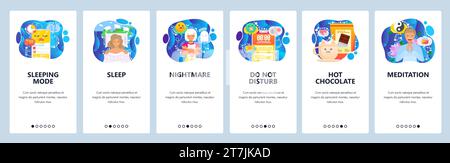 Mobile app onboarding screens. Sleeping mode, nightmare, do not disturb, hot chocolate drink, meditation. Menu vector banner template for website and Stock Vector
