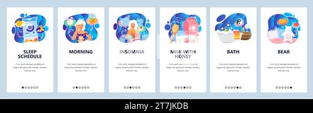 Mobile app onboarding screens. Sleeping problems, insomnia, evening bath, bear, morning, sleep time. Menu vector banner template for website and mobil Stock Vector