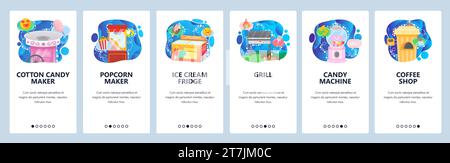 Mobile app onboarding screens. Amusement park sellers equipment, cotton candy, popcorn maker, grill, candy machine. Menu vector banner template for we Stock Vector