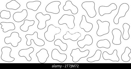 Amoeba blob, organic abstract shape. Set of Liquid amorphous shapes, fluid blotch black and white outline elements collection. Stock Vector