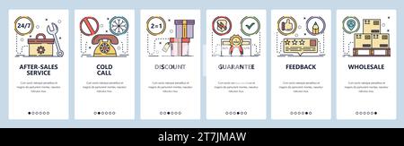 Mobile app onboarding screens. Warehouse with packages, guarantee certificate, feedback review. Menu vector banner template for website and mobile dev Stock Vector