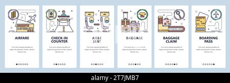Mobile app onboarding screens. Travel by airplane, flight ticket, aisle seat, baggage claim, boarding pass. Menu vector banner template for website an Stock Vector