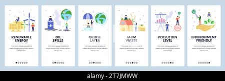 Mobile app onboarding screens. Environmental problems, renewable energy, oil spills, ozone layer, air pollution. Vector banner template for website an Stock Vector