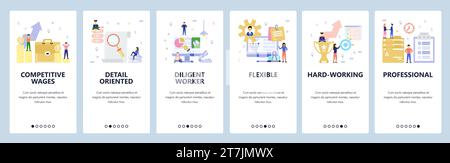 Mobile app onboarding screens. Business and office workspace, team work, achievements, contract. Menu vector banner template for website and mobile de Stock Vector