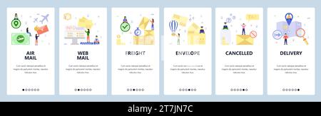 Mobile app onboarding screens. Post and mail delivery, emails, package shipping, map navigation. Menu vector banner template for website and mobile de Stock Vector