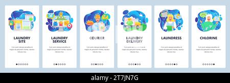 Mobile app onboarding screens. Online laundry service, delivery, ccleaning, washing clothes. Menu vector banner template for website and mobile develo Stock Vector