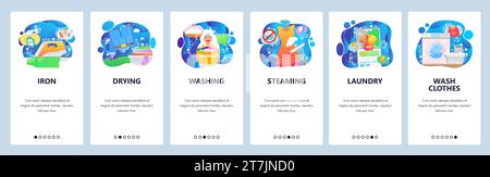 Mobile app onboarding screens. Laundry service icons, iron, dry cleaning, steaming, washing machine. Menu vector banner template for website and mobil Stock Vector