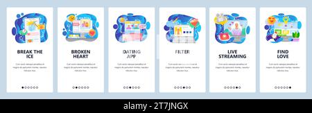 Mobile app onboarding screens. Dating service. love messages, filter profile, search, live streaming video. Menu vector banner template for website an Stock Vector