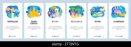 Mobile app onboarding screens. Travel and holiday on tropical beach, sand castle, diving, hammock, jetski. Menu vector banner template for website and Stock Vector