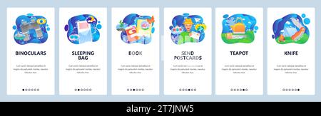 Mobile app onboarding screens. Travel and outdoor camping, sleeping bag, binoculars, teapot, knife, tent. Menu vector banner template for website and Stock Vector