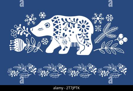 Vector hand drawn illustration of animals in Nordic Scandinavian style hygge. Silhouette of polar bear with a floral pattern in a folk Scandinavian Stock Vector