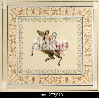 Vincenzo Brenna Illustration boards for the large folio band 'Vestigia delle Terme di Tito e loro internal pictures': rider with wreath. Watercolor, cover colors around 1780 Stock Photo