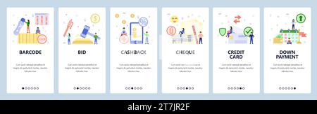 Mobile app onboarding screens. Auction bid, cashback, credit card, cheque, down payment, loan schedule. Menu vector banner template for website and mo Stock Vector