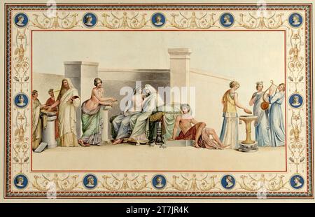 Vincenzo Brenna Illustration boards to the large folio band 'Vestigia delle Terme di Tito e loro internal pictures': the Aldobrandine wedding. Watercolor, cover colors around 1780 Stock Photo