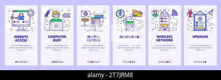 Mobile app onboarding screens. Computer services, secure access, download and upload files, wireless network. Menu vector banner template for website Stock Vector