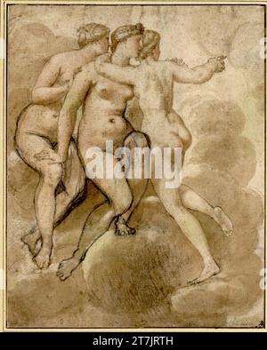 Anonym The three graces sitting on clouds. Feather; slightly watercolored; chalk Stock Photo