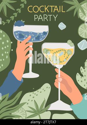 Variety of cocktails in flat style. This collection features a range of classic alcoholic and non-alcoholic beverages in multiple glass types, ideal for menu inclusion and diverse celebration themes Stock Vector
