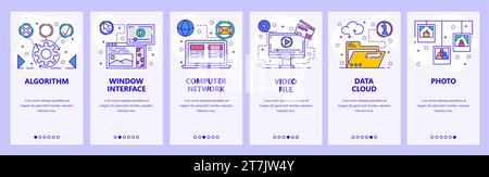 Mobile app onboarding screens. Online computer services, cloud storage, files sync, photo sharing. Menu vector banner template for website and mobile Stock Vector