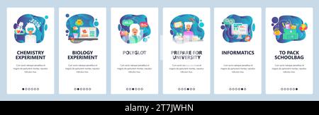 Mobile app onboarding screens. School and college education, chemistry lab, biology experiment, learning languages. Menu vector banner template for we Stock Vector