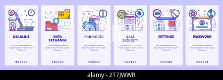 Mobile app onboarding screens. Computer services, secure access, data exchange and security. Menu vector banner template for website and mobile develo Stock Vector