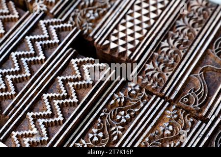 Pune, Maharashtra, India 03 November 2023 : Block Printing for Textile in India. Block Printing Traditional Process, Henna wooden stamps, Traditional Stock Photo