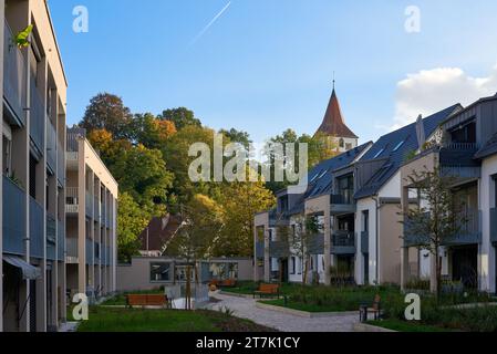 Historic buildings at the famous old town of Freiberg am Neckar. Germany clock tower of old town hall. Colorful half-timbered houses in historical Stock Photo