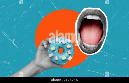 Vertical collage depicting the toothy smile of a man biting his mouth while holding a large mouth-watering donut. The concept of unhealthy and delicio Stock Photo