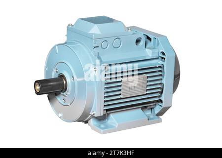 Powerful stationary asynchronous electric motor of gray color. Isolated on a white background. Stock Photo