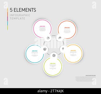 Vector light Infographic template with white circle cards, icons and descriptions. Simple minimalistic multipurpose infochart template with five step Stock Vector