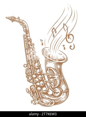 Saxophone vector illustration. Hand drawn drawing of a wind musical instrument and musical notes Stock Vector
