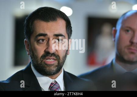 Edinburgh Scotland, UK 16 November 2023.  First Minister of Scotland Humza Yousaf arrives following First Minister Questions at the Scottish Parliament. credit sst/alamy live news Stock Photo