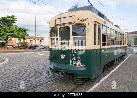 Santos city, Brazil. Japanese tram type 206 from 1950. Nagasaki Electric Railway. Now on the tourist line as Bonde coffee Japan. (Tram Café Japan). Stock Photo