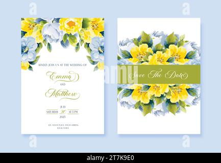 Dusty Pink and Yellow Floral wedding cards. Wedding vector floral invitation and Save The Date cards watercolor design set. Stock Vector