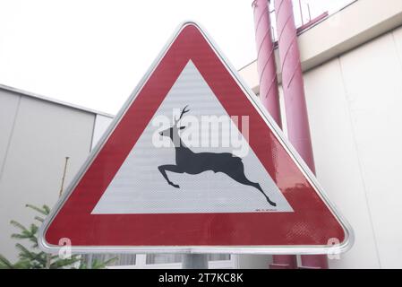 Attention animal crossing traffic or road sign, red triangle as warning notice Attention animal crossing traffic or road sign Credit: Imago/Alamy Live News Stock Photo