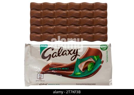 Bar of New Galaxy Smooth Mint chocolate bar removed from wrapper isolated on white background Stock Photo