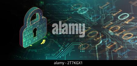 Cyber defense project. Padlock on a digital background. Hand drawn. Vector. Stock Vector
