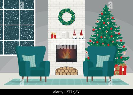 Cozy interior with brick classic fireplace, armchairs, and decorated Christmas tree. Vector illustration in flat style Stock Vector