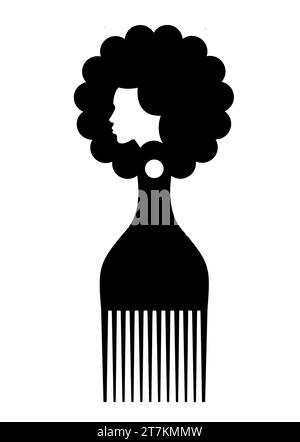 afro comb symbol, african hairbrush sign for curly hair, simple flat design of black african woman silhouette, vector illustration isolated on white Stock Vector