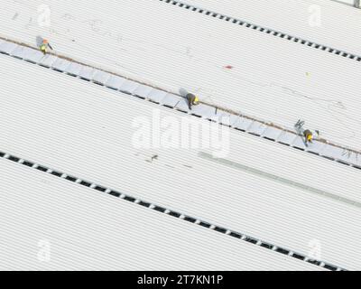 HEFEI, CHINA - NOVEMBER 16, 2023 - Workers build a steel structure plant at the construction site of GCL PV's second phase plant project in Hefei, Anh Stock Photo