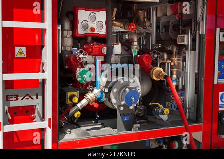 Italy, Lombardy, Firetruck Equipment on Display Stock Photo