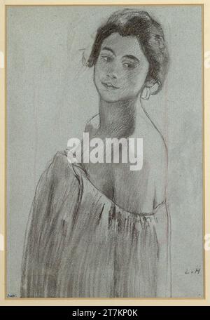 Ludwig von Hofmann Study on "Notturno": Half figure of a girl with an exposed shoulder to the right - verso?: Unpinkable sketch. Black chalk, wiped, on blue paper; Using below or grew up: red pen; Edging line spätes 19. Century Stock Photo