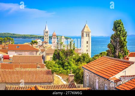 Four tower od historic Rab town view, Island of Rab, archipelago of Croatia Stock Photo