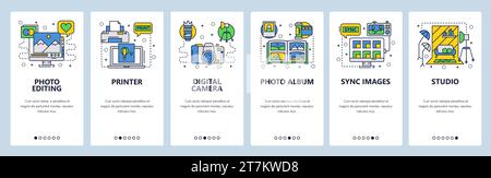 Mobile app onboarding screens. Photography studio, photo editing, digital camera, printer and album. Menu vector banner template for website and mobil Stock Vector