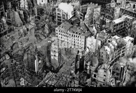 An aerial photograph shot from the St Pauls Cathedral  illustrates the damage caused during fires, created during Luftwaffe air raids during the Second World War and the latter half of 1940. Stock Photo