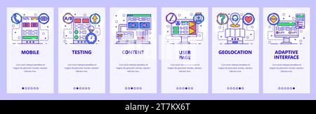 Mobile app onboarding screens. Software development, testing, website content. Menu vector banner template for website and mobile development. Web sit Stock Vector