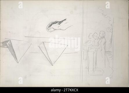 Hans Canon Indistinct sketch; Sketches of two pyramids (head -standing in the sketchbook); Study of kneeling figures (design study for votival!). Coal, pencil around 1880 Stock Photo